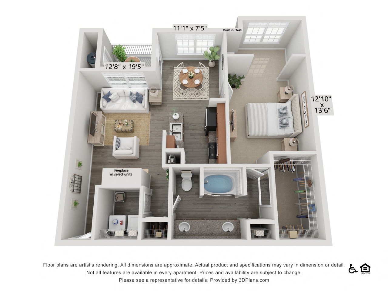 Floor plan for 1 bed, 1 bath, 913 sqft